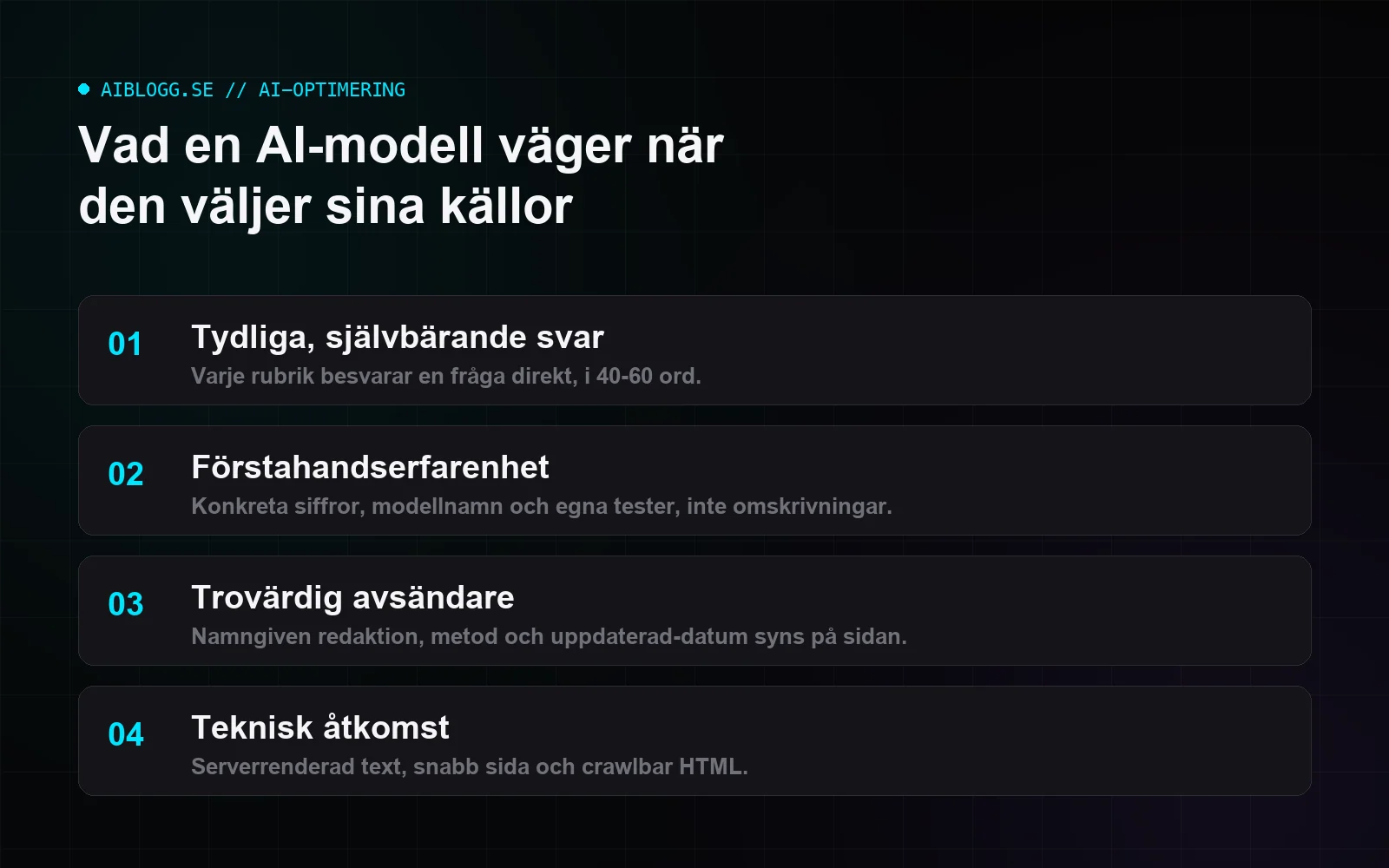 Infografik som visar fyra signaler en AI-modell väger när den väljer källor: tydliga svar, förstahandserfarenhet, trovärdig avsändare och teknisk åtkomst