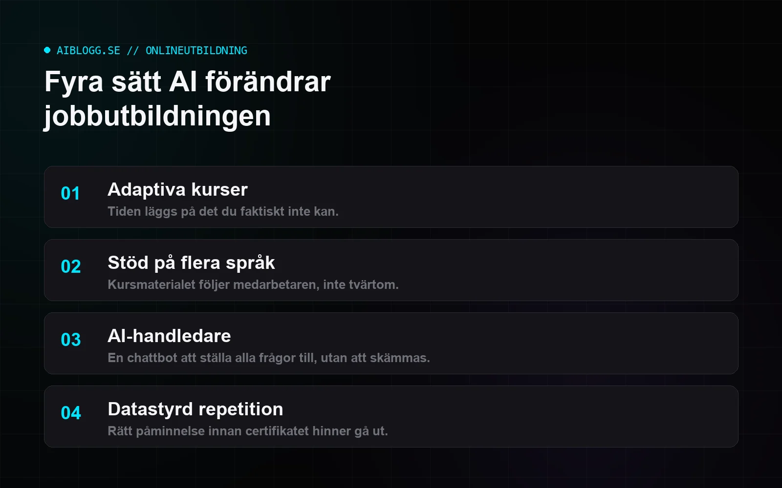 Infografik med fyra sätt AI förändrar onlineutbildningar på jobbet: adaptiva kurser, stöd på flera språk, AI-handledare att fråga och datastyrd repetition av certifikat